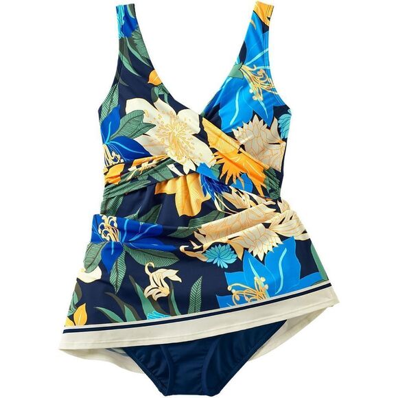 Land's End Slender Suit Wrap Dress soft cup Navy  floral Blooms Border size Var - Picture 7 of 9